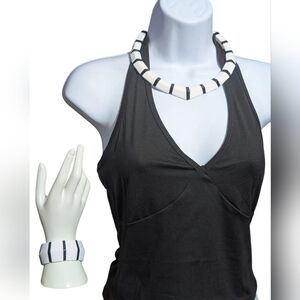 AN14 Vintage Black And White Beaded Collar Necklace And Stretch Bracelet Set